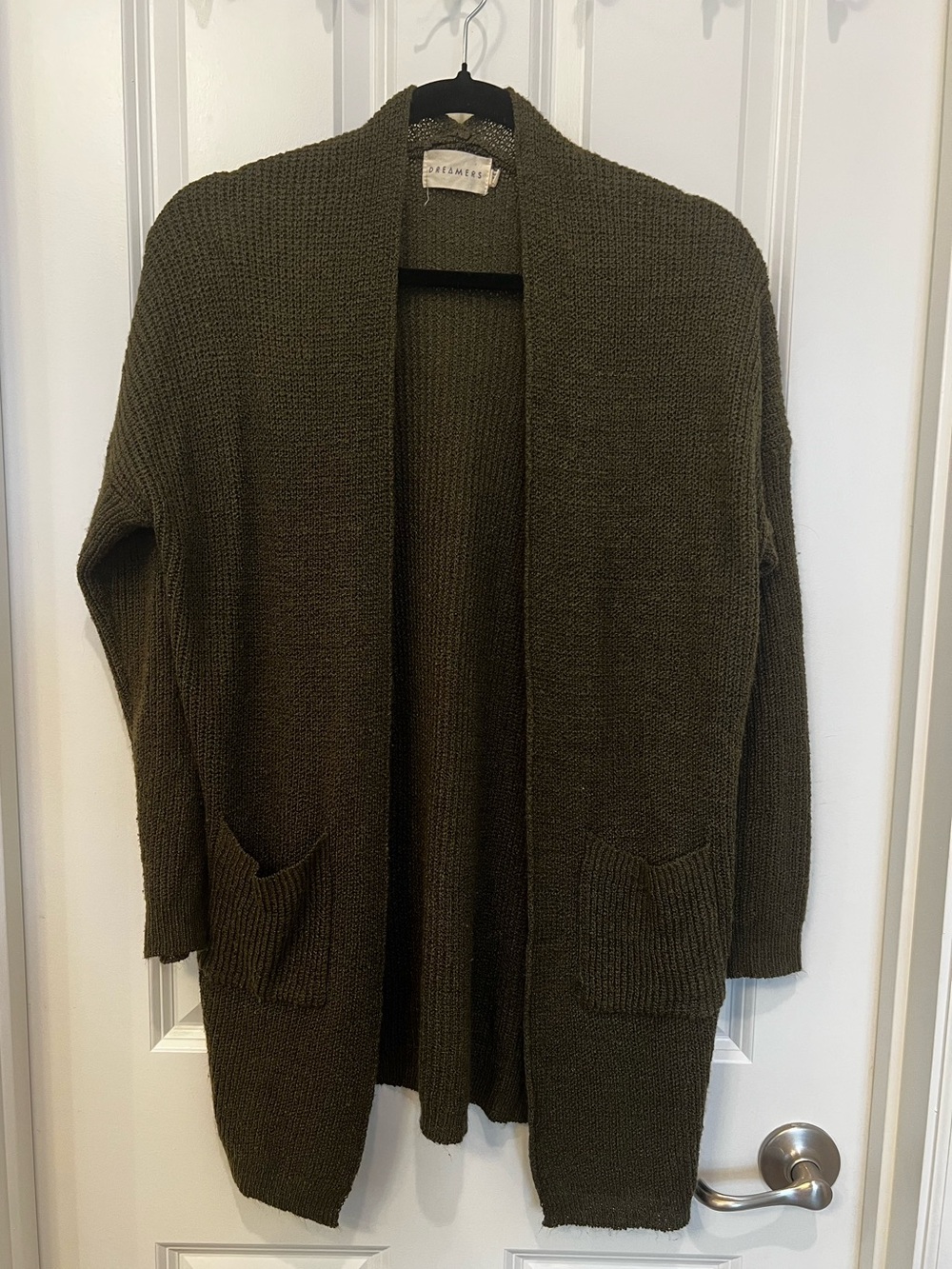 Dreamers Olive Green Open-Front Knit Cardigan